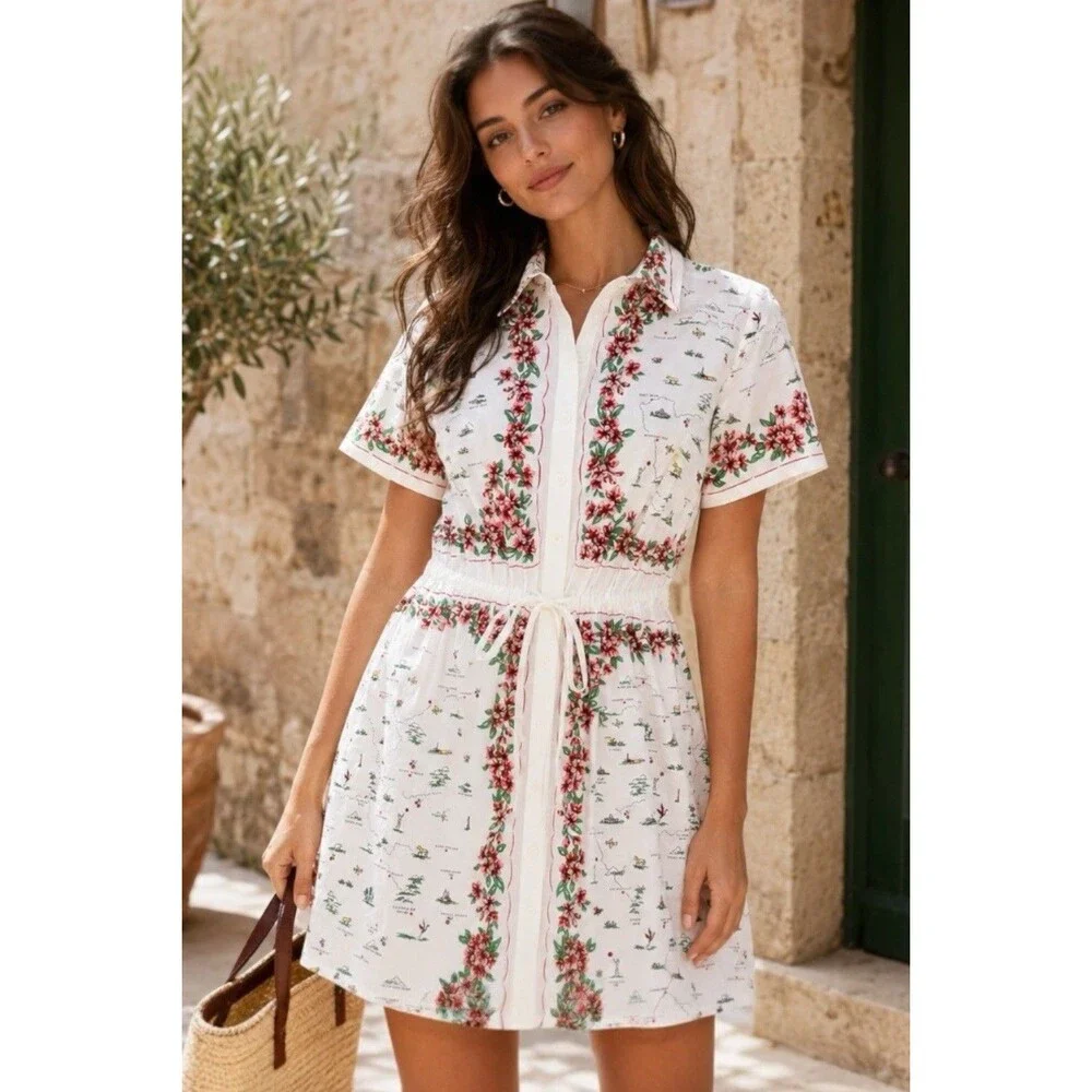J Crew Map Print Shirt Dress Womens 6 Floral Mini Cotton Poplin Cerise Vacation